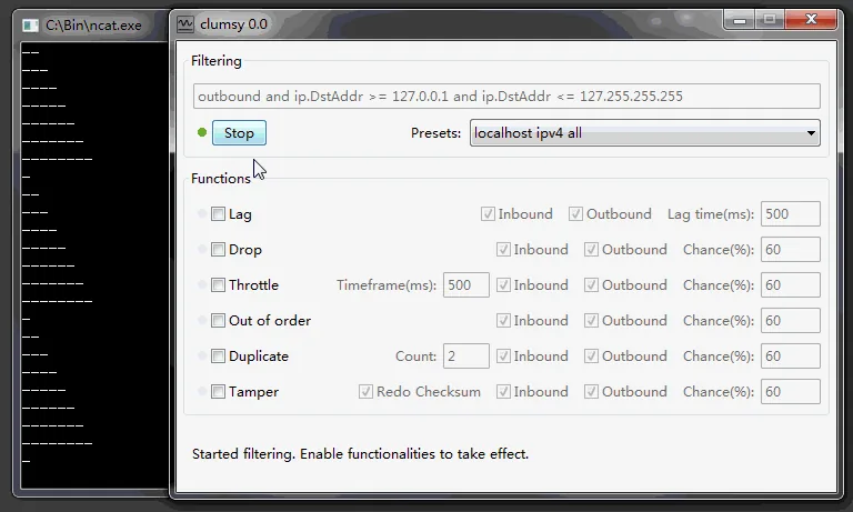 Official Clumsy 0.3 interface showing network filter and lag controls
