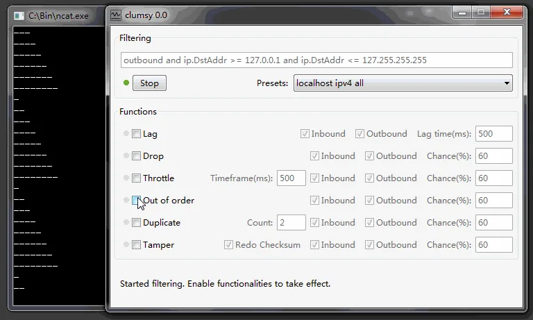 Official Clumsy interface while a controlled network test is configured