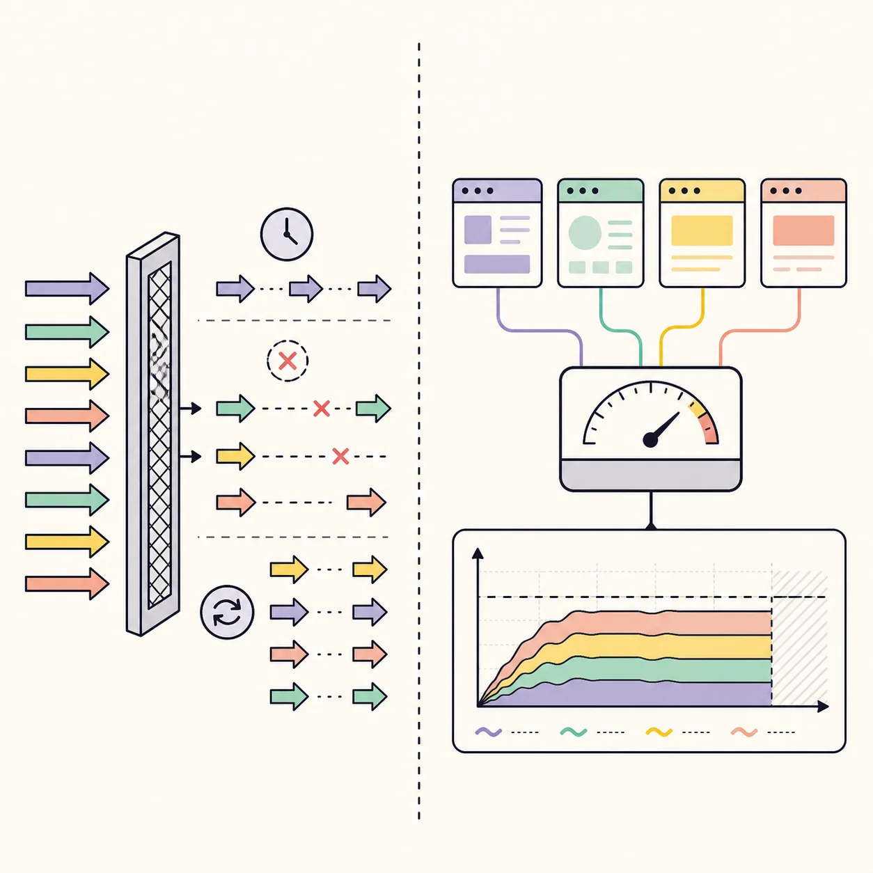 Editorial comparison illustration showing filtered packet conditions beside application traffic control